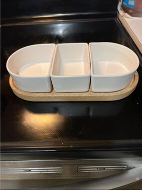 Threshold White Triple Ceramic Dip Server with Wood Tray